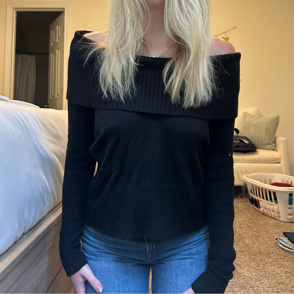 LOFT Black Off-the-Shoulder Ribbed Foldover Sweater